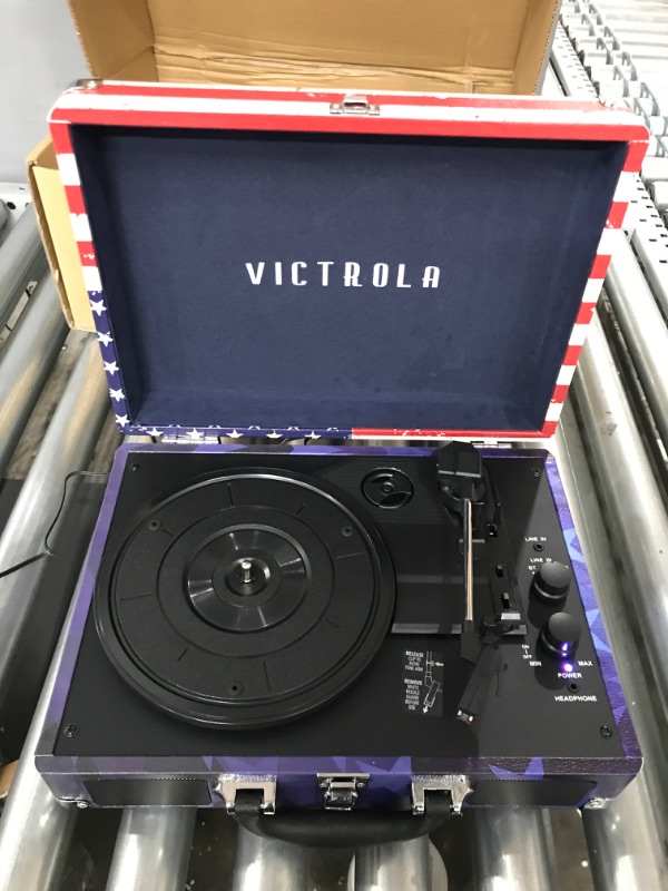 Photo 2 of Victrola Vintage 3-Speed Bluetooth Portable Suitcase Record Player with Built-in Speakers | Upgraded Turntable Audio Sound| Includes Extra Stylus | American Flag (VSC-550BT-USA) Amercan