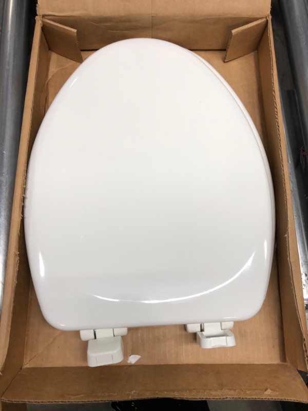 Photo 1 of *Major Damage-See Photos* MAYFAIR 1843SLOW 000 Lannon Toilet Seat will Slow Close and Never Loosen, ELONGATED, Durable Enameled Wood, White White 1 Pack Elongated Toilet Seat