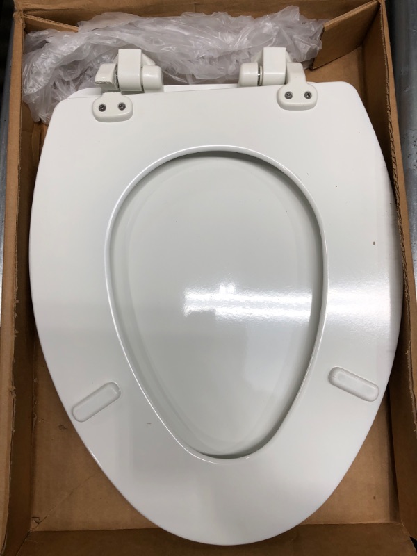 Photo 2 of *Major Damage-See Photos* MAYFAIR 1843SLOW 000 Lannon Toilet Seat will Slow Close and Never Loosen, ELONGATED, Durable Enameled Wood, White White 1 Pack Elongated Toilet Seat