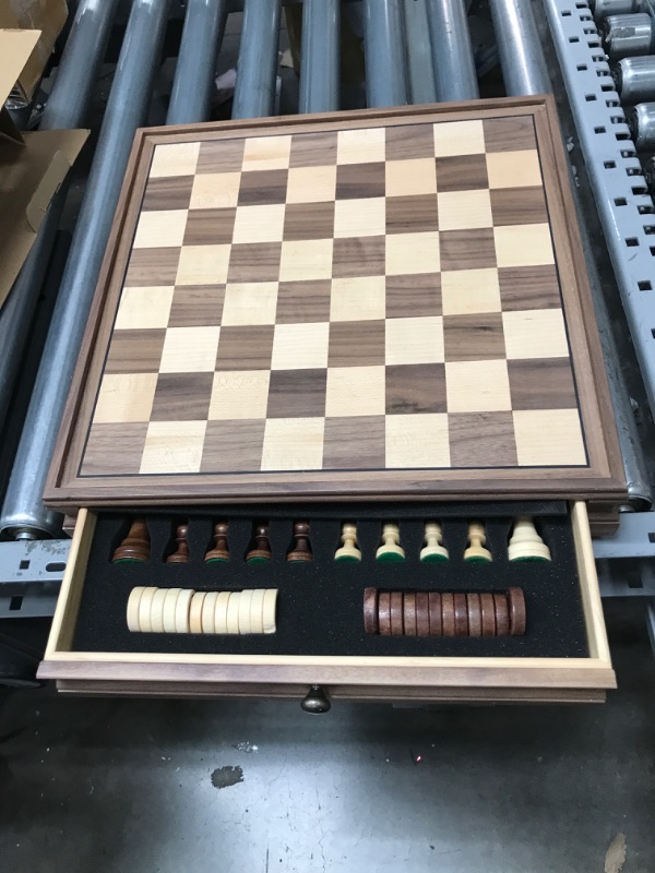 Photo 2 of A&A 15 inch Walnut Wooden Chess & Checkers Set w/ Storage Drawer /Weighted Chess Pieces - 3.0 inch King Height/ Walnut Box w/Walnut & Maple Inlay / 2 Extra Queen / Classic 2 in 1 Board Games Weighted Pieces w/ Walnut Box