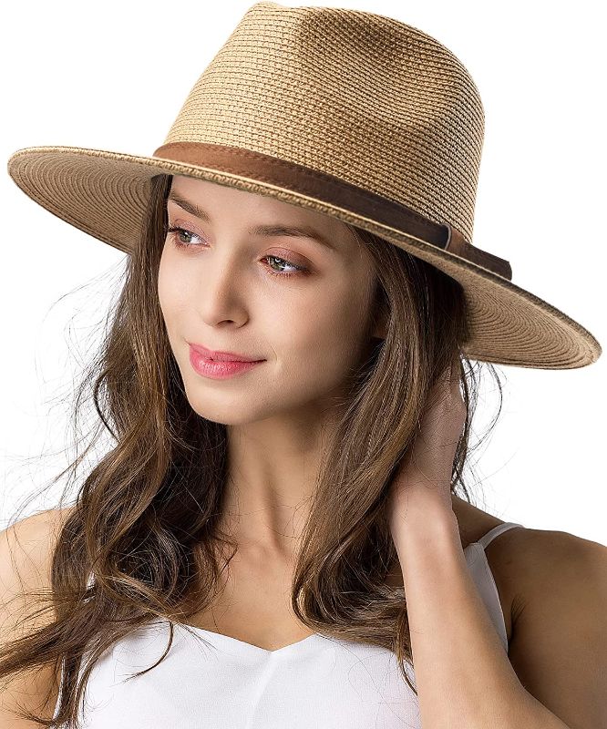 Photo 1 of Womens Mens Wide Brim Straw Panama Hat Fedora Summer Beach Sun Hat UPF Straw Hat for Women
medium 