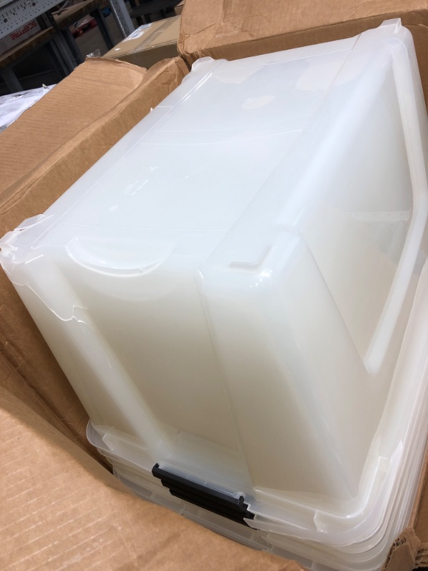 Photo 1 of *damaged* IRIS USA 53 Qt. Plastic Storage Bin Tote Organizing Container with Durable Lid and Secure Latching Buckles, 6 Pack, Stackable and Nestable, Pearl with Black Buckle
