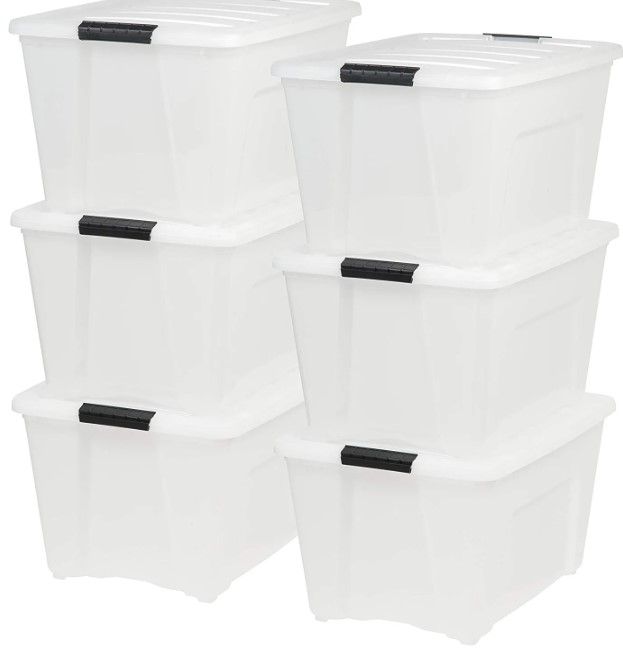 Photo 1 of *damaged* IRIS USA 53 Qt. Plastic Storage Bin Tote Organizing Container with Durable Lid and Secure Latching Buckles, 6 Pack, Stackable and Nestable, Pearl with Black Buckle
