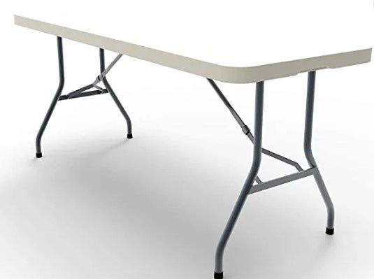 Photo 1 of **SUPERFICIAL CUT ON SIDE FROM BOX CUTTER**
Ontario Furniture 8 Foot Plastic Folding Table - Folds in Half  Lightweight and Portable - White Resin with Sturdy Steel Frame - 30"x 96"
