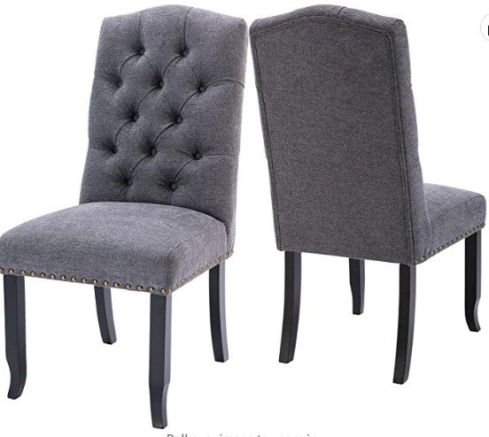 Photo 1 of **LEGS AND HARDWARE ARE LOCATED UNDER EACH SEAT****
COLAMY Tufted Dining Chairs Set of 2, Upholstered Parsons Dining Room Chairs, Fabric Kitchen Side Chair with Nailhead Trim and Wood Legs - Dark Grey
