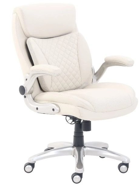 Photo 1 of ****INCOMPLETE*****
AmazonCommercial Ergonomic Executive Office Desk Chair with Flip-up Armrests and Adjustable Height, Tilt and Lumbar Support, Cream Bonded Leather
