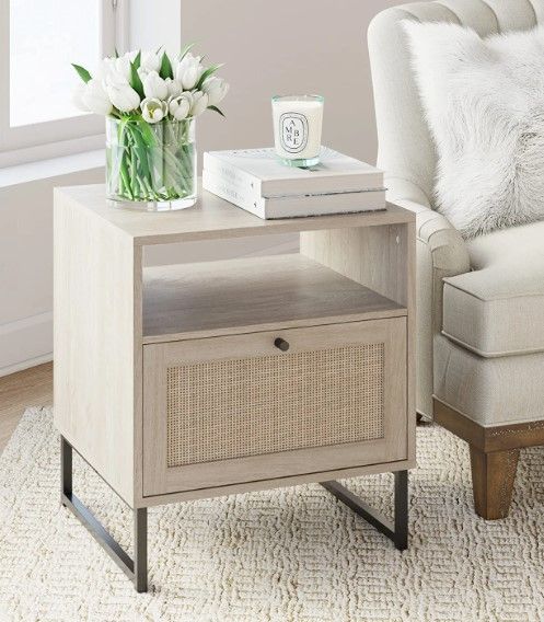 Photo 1 of **LEGS NEED TO BE TIGHTEND, TABLE IS WOBBLEY**
Side, End Table Wood Finish & Matte Accents with Storage for Living Room or Nightstand, Bedroom, Natural Oak/Black
