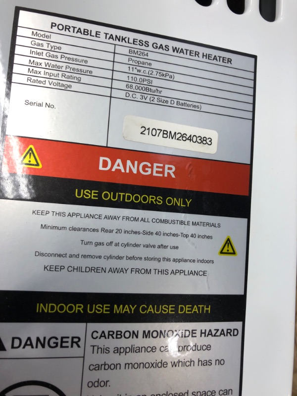 Photo 4 of **used* * 
Flame King Tankless Outdoor Portable Propane Gas 10L 2.64GPM Water Heater 68,000 BTU for Hot Water Shower, RV, Camping, Farm, Cabins
