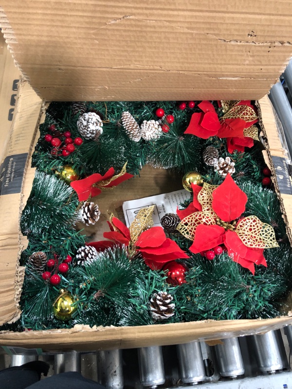 Photo 2 of [Timer & Super Large Thick] 26 Inch Prelit Frosted Christmas Wreath Decoration with 80 Lights 8 Balls 4 Poinsettia 200 Tips 50 Red Berry 10 Snowy Pinecon Battery Operate Xmas Decor Front Door Outdoor