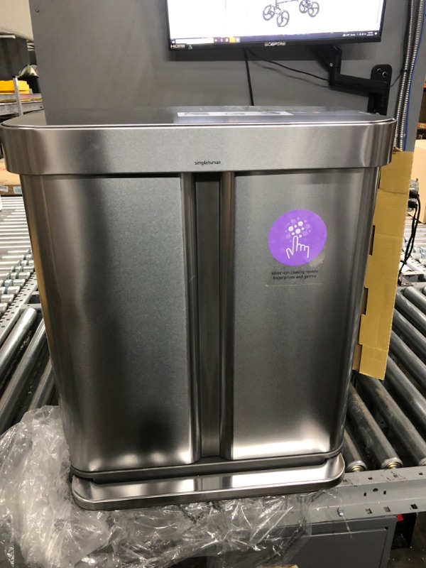 Photo 3 of *** one plastic liner missing ***
 simplehuman 58 Liter / 15.3 Gallon Rectangular Hands-Free Dual Compartment Recycling Kitchen Step Trash Can with Soft-Close Lid, Brushed Stainless Steel Brushed Stainless Steel 58 Liter Rectangular Recycler Trash Can