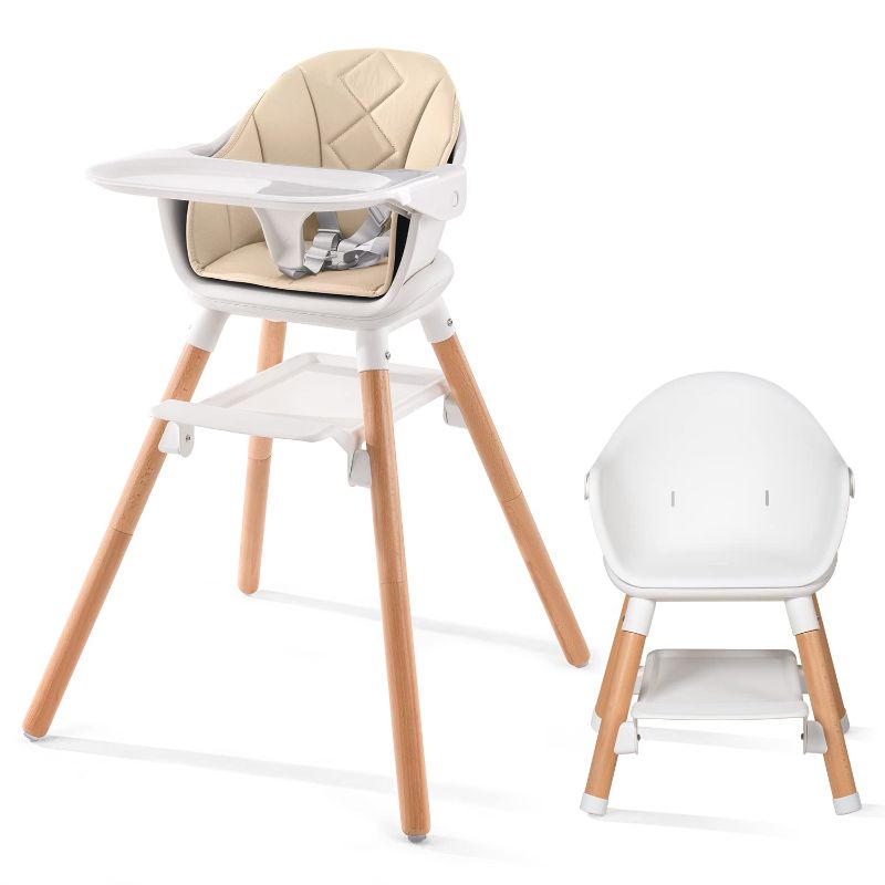 Photo 1 of Beberoad Love Baby High Chair, 4 in 1 Wooden Highchair Convertible High Chair Booster Toddler Chair with Double Removable Tray, 5-Point Harness & PU Cushion for Babies Infants Toddlers White