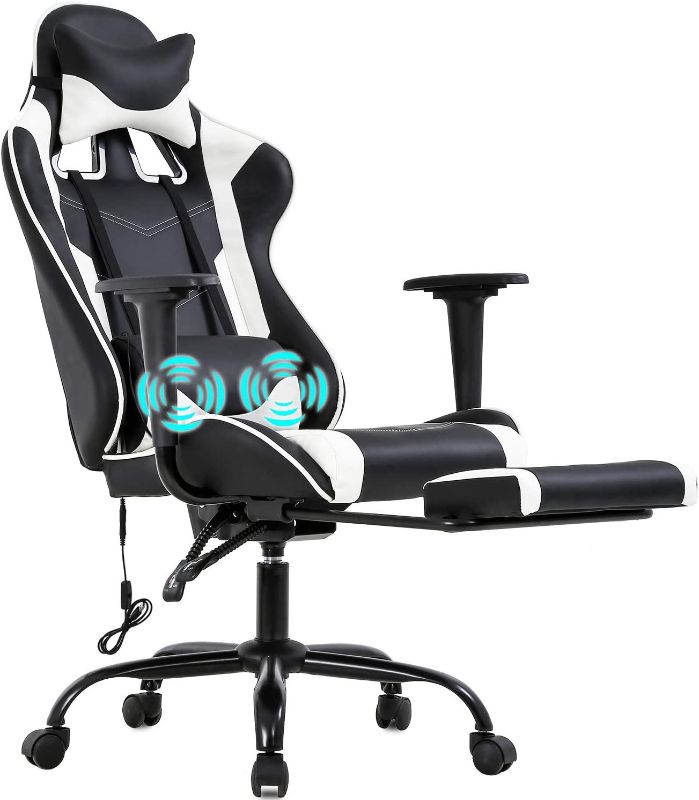 Photo 1 of PC Gaming Chair Racing Office Chair Ergonomic Desk Chair Massage PU Leather Recliner Computer Chair with Lumbar Support Headrest Armrest Footrest Rolling Swivel Task Chair for Adults, White
