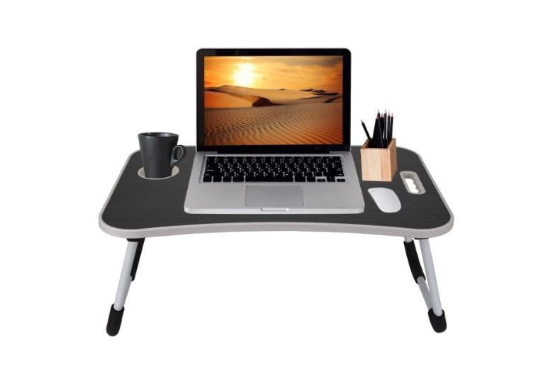 Photo 1 of  Mavocraft Folding Lap Desk for Bed and Sofa - Portable Wide Surface Bed Desk with Built-in Cup Holder and Tablet or Phone Slot for Working, Studying, Eating, and Watching Movies (Dark Grey)