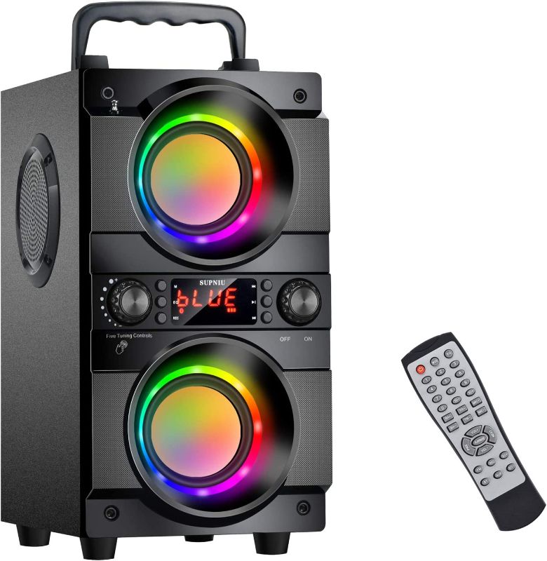 Photo 1 of 60W (80W Peak) Portable Bluetooth Speaker with Double Subwoofer Heavy Bass, Bluetooth 5.0 Wireless 100ft Outdoor Speaker, Support FM Radio, LED Colorful Lights, Stereo Sound, for Home, Party, Travel 8.3 x 5.9 x 11.4 inches

