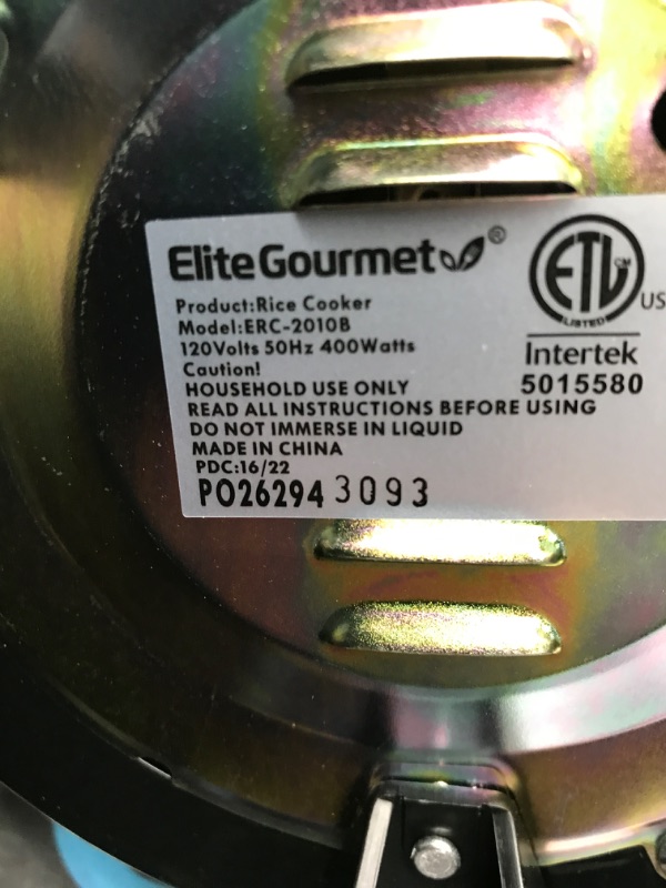 Photo 2 of *** tested888 Powers On*** Elite Gourmet ERC2010B# Electric 10 Cup Rice Cooker with 304 Surgical Grade Stainless Steel Inner Pot Makes Soups, Stews, Grains, Cereals, Keep Warm Feature, 10 cups cooked (5 Cups uncooked), Black 10 Cups Cooked Black