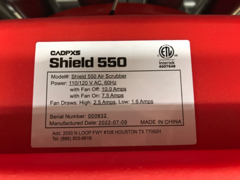 Photo 6 of (SEE NOTES) CADPXS 550CFM Air Scrubber HEPA Air Filtration System, Commercial Air Scrubber for Damage Restoration, Stackable Negative Air Machine with Daisy-Chain GFCI Duplex, Red 550 air scrubbers Red