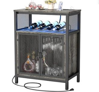 Photo 1 of Unikito Wine Bar Cabinet with RGB Light and Outlet, FreeStanding Wine Rack Table, Liquor Cabinet with Glass Holder, Floor Bar Cabinet for Liquor and Glasses for Home Kitchen Dining Room, Black Oak