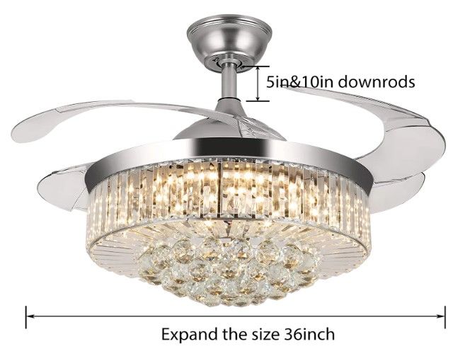 Photo 1 of *NONFUNCTIONAL* Panghuhu88 36"Invisible Ceiling Fan Chandelier Light,Modern Crystal Ceiling Fan Light Remote Control 4 Retractable ABS Blades for Bedroom Living Room Dining Room Decoration (Silver)
