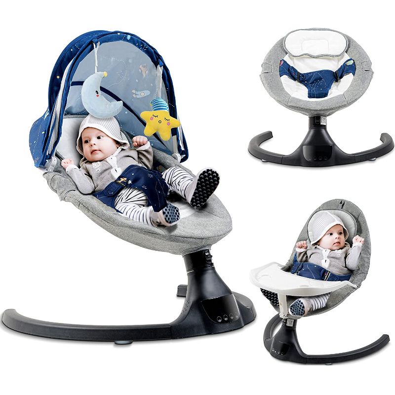 Photo 1 of BABY K Baby Swings for Infants with Tray (Blue) - an Infant Swing to Help Your Newborn Sleep - A Soothing Rocker for Babies That Offers Different Modes, Music & Hanging Toys, Portable Baby Swing
