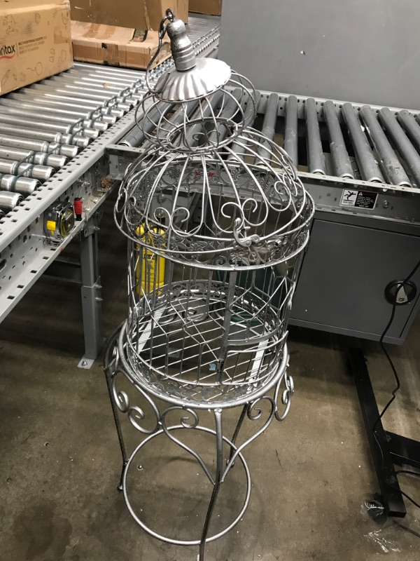 Photo 2 of *Major Damge to Cage Lid/See Photos-Clerks Notes* Deco 79 Metal Abstract Birdcage with Latch Lock Closure and Top Hook, 14" x 14" x 47", Black