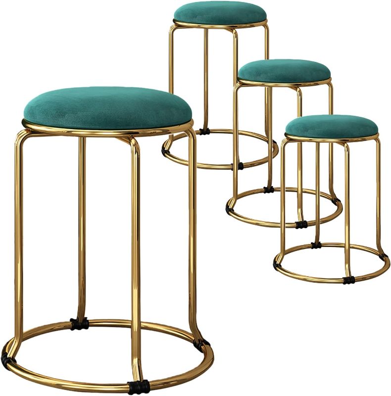 Photo 1 of 18" H 4 Pack Velvet Bar Stool Backless Bar Stools Counter Stools Vanity Stools, Stackable Round Chairs Set of 4, for Dinning, Kitchen, Salon, Seminar (Gold Foot + Green Seat, 18inch)