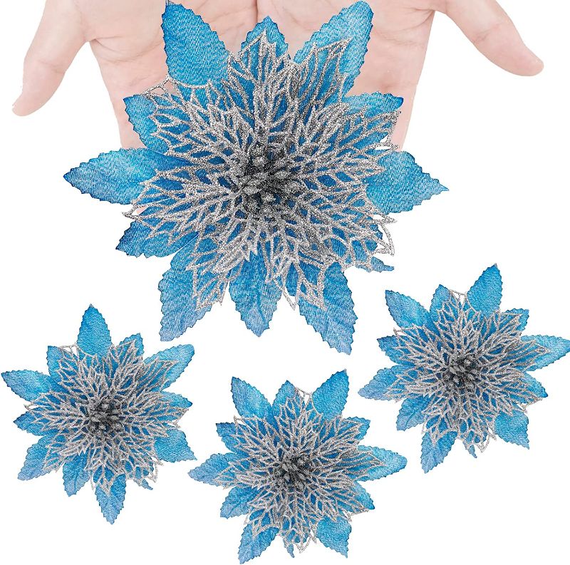 Photo 1 of 12Pcs Christmas Glitter Poinsettia Artificial Flowers with Stems Christmas Ornaments for Xmas Tree Wreaths Garland Holiday Seasonal Wedding Decorations-Blue, 7"
