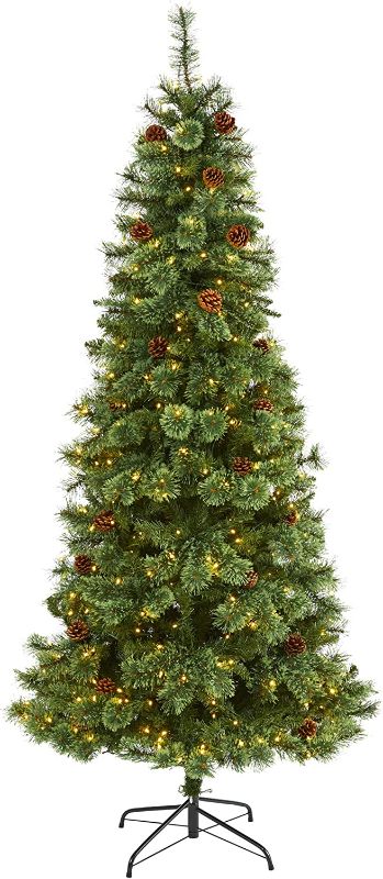 Photo 1 of 7ft. White Mountain Pine Artificial Christmas Tree with 400 Clear LED Lights and Pine Cones, Green
