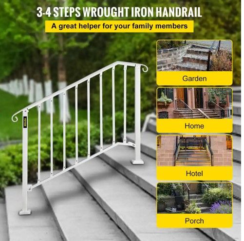 Photo 1 of 3 ft. Handrails for Outdoor Steps Fit 3 or 4 Steps Outdoor Stair Railing Wrought Iron Handrail with baluster, White
