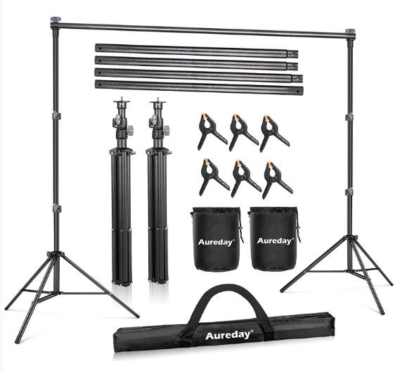 Photo 1 of Aureday Backdrop Stand, 8.5x10ft Adjustable Photo Backdrop Stand for Parties, Heavy Duty Background Stand with Travel Bag, 6 Backdrop Clamps, 4 Crossbars, 2 Sandbags for Wedding/Decorations/Photoshoot
