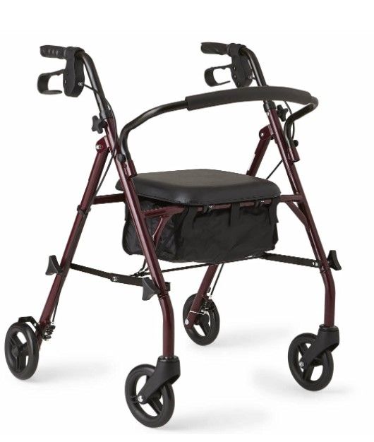 Photo 1 of *Factory Packaging* Medline Rollator Walker with Seat, Steel Rolling Walker with 6-inch Wheels Supports up to 350 lbs, Medical Walker, Burgundy
