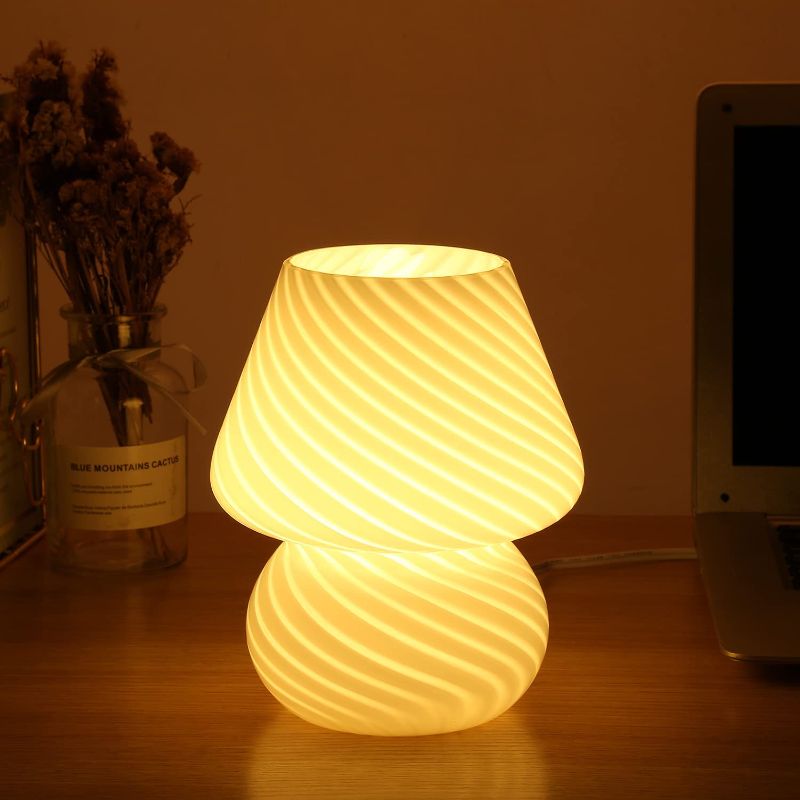 Photo 1 of BSOD Mushroom Lamp,Glass Table Bedside Lamps Translucent Murano Vintage Style Striped Small Night Mushroom Decor Light Swirl for Ambient,Kids,Bedroom,Living...
