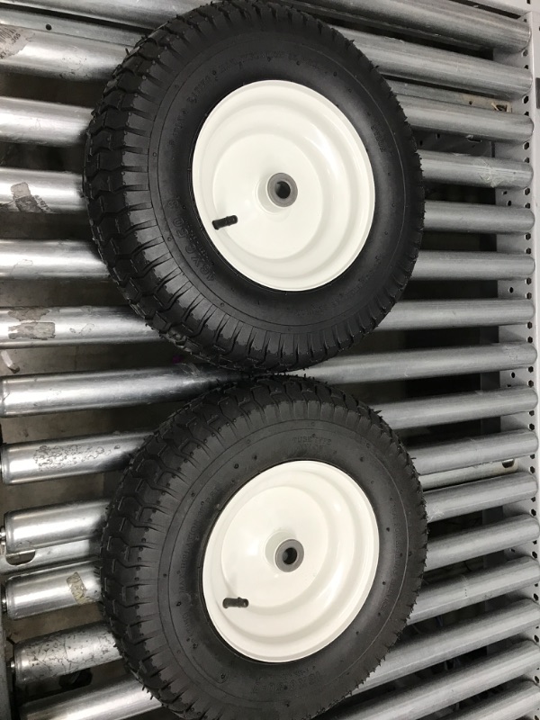 Photo 3 of (2-Pack) 16x6.50-8 Pneumatic Tires on Rim - Universal Fit Riding Mower and Yard Tractor Wheels - With Chevron Turf Treads - 3” Centered Hub and 3/4” Bearings - 615 lbs Max Weight Capacity
