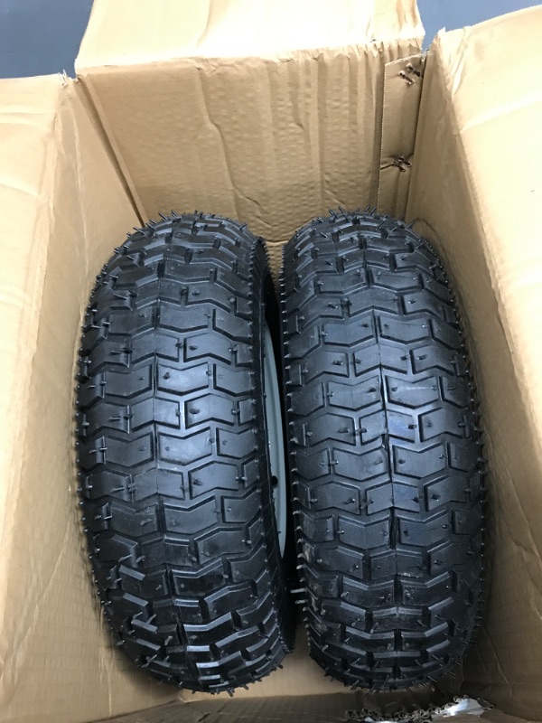 Photo 2 of (2-Pack) 16x6.50-8 Pneumatic Tires on Rim - Universal Fit Riding Mower and Yard Tractor Wheels - With Chevron Turf Treads - 3” Centered Hub and 3/4” Bearings - 615 lbs Max Weight Capacity
