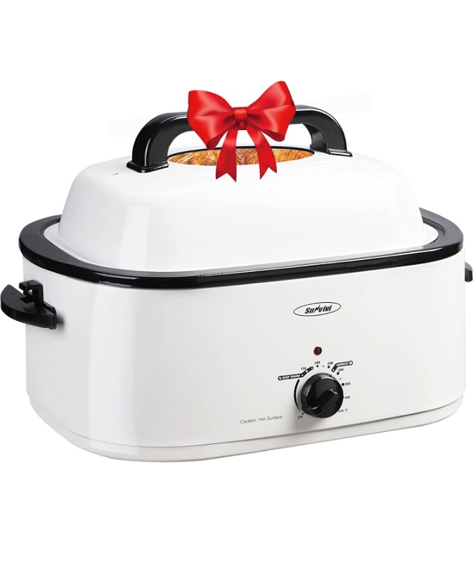 Photo 1 of 30lb 26-Quart Roaster Oven, Electric Roaster Oven with Viewing Lid, Sunvivi Turkey Roaster with Unique Defrost/Warm Function, Large Roaster with with Removable Pan & Rack , Stainless Steel, White