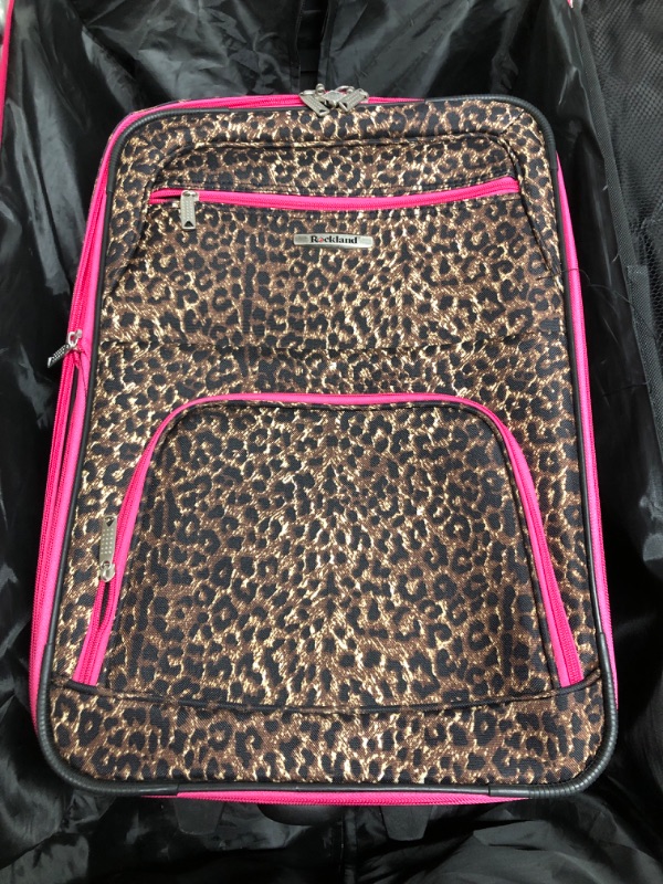 Photo 3 of Rockland Vara Softside 3-Piece Upright Luggage Set, Pink Leopard, (20/22/28)
