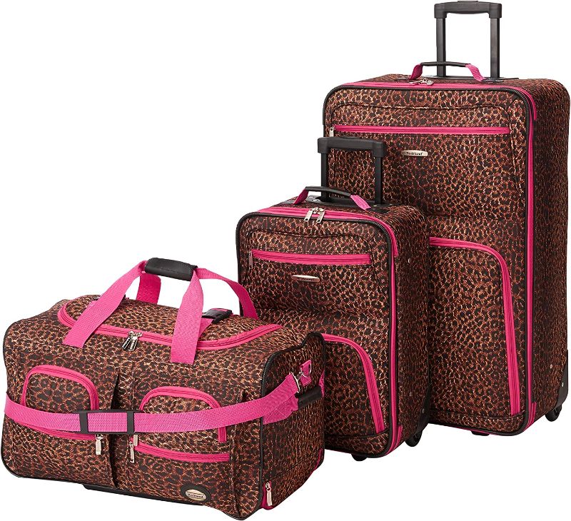 Photo 1 of Rockland Vara Softside 3-Piece Upright Luggage Set, Pink Leopard, (20/22/28)
