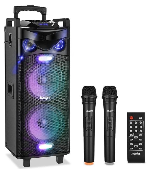 Photo 1 of Moukey Karaoke Machine, PA System Double Subwoofer for Party, Portable Bluetooth Speaker w/ 2 Wireless Microphone, Disco Lights and Echo/Treble/Bass Adjustment,