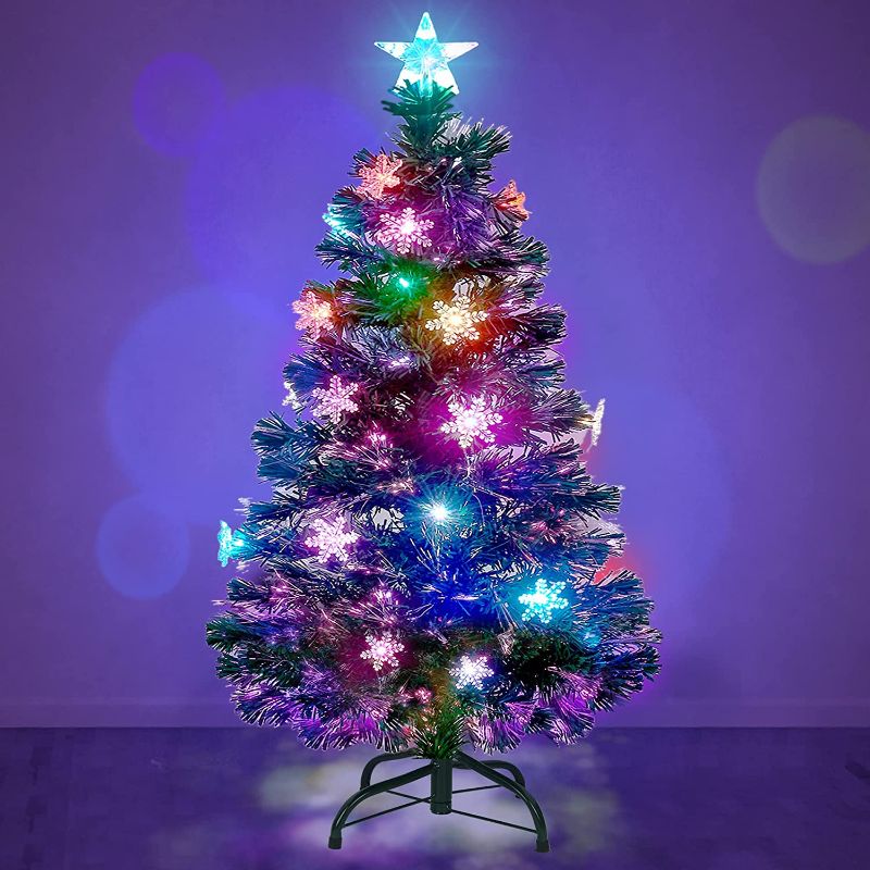 Photo 1 of *NONFUNCTIONAL* Prsildan 5 FT Artificial Christmas Tree, Pre-Lit Optical Fiber Xmas Trees with Multicolor LED Lights, Snowflakes & Top Star, Lighted Christmas Tree Holiday Home Decor