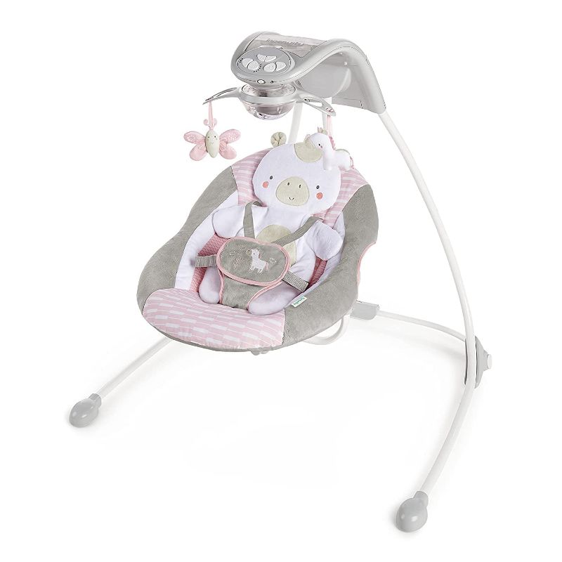 Photo 1 of ***SEE NOTES*** Ingenuity InLighten 6-Speed Baby Swing - Easy-Fold Frame, Swivel Infant Seat, Nature Sounds, Light Up Mobile - Flora The Unicorn (Pink)
