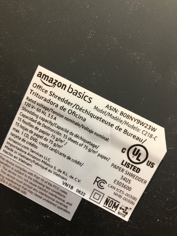 Photo 2 of (Tested)Amazon Basics 15-Sheet Cross Cut Paper Shredder and Credit Card CD Shredder with 6 Gallon Bin 15 Sheet - new model Shredder (Selling parts/See photo for damage)