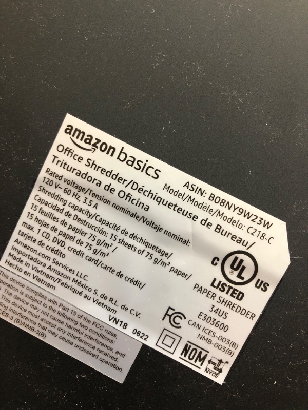 Photo 2 of **PARTS ONLY**
Amazon Basics 15-Sheet Cross Cut Paper Shredder and Credit Card CD Shredder with 6 Gallon Bin 15 Sheet - new model Shredder 