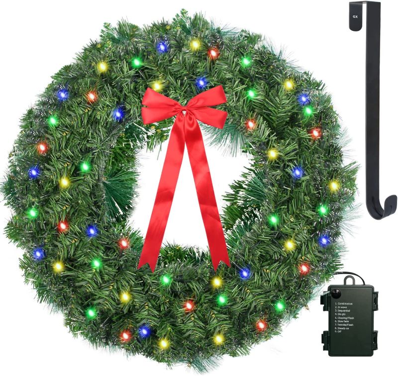 Photo 1 of 
24" Christmas Wreath with LED String Lights - Artificial Door Wreath - Prelit DIY Xmas Pine Garland - 75 LEDs Battery Operated String Lights - Including...