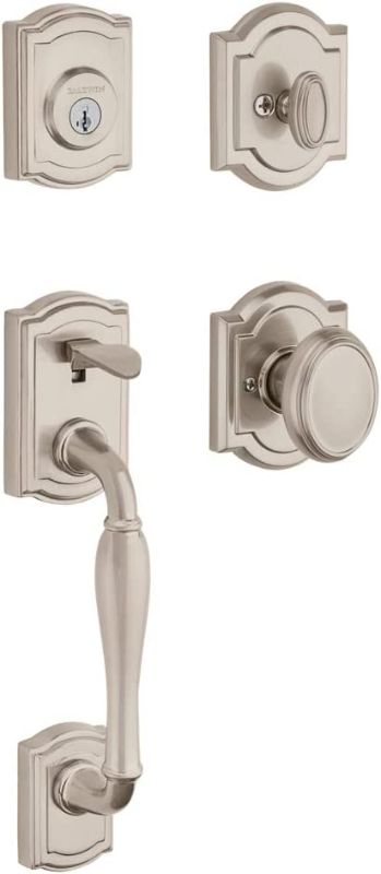 Photo 1 of ***PARTS ONLY**** Baldwin Wesley Single Cylinder Front Door Handleset Featuring SmartKey Security in Satin Nickel, Prestige Series with Traditional Door Hardware and Carnaby Knob
