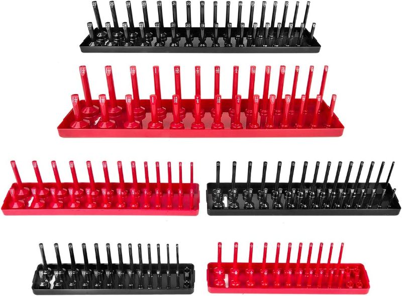 Photo 1 of 6PCS Socket Organizer Tray Set, Red SAE & Black Metric Socket Storage Trays, 1/4-Inch, 3/8-Inch & 1/2-Inch Drive Deep and Shadow Socket Holders for Toolboxes
