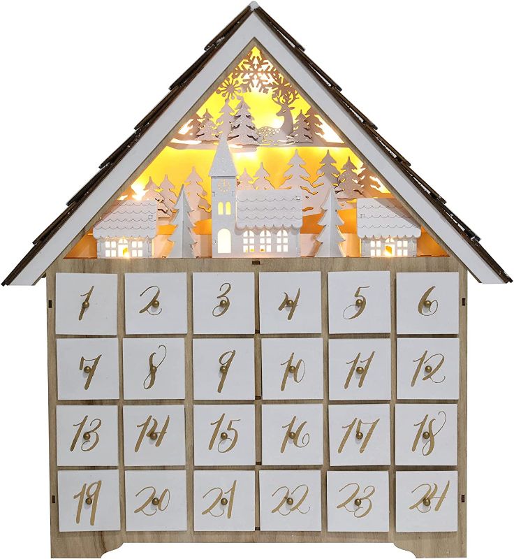 Photo 1 of PIONEER-EFFORT Wooden Advent Calendar House with 24 Drawers and Led Lights, Village and Forrest Scene Countdown to Christmas Reusable Decoration 16.3 x 2.9 x 17.7 Inches
