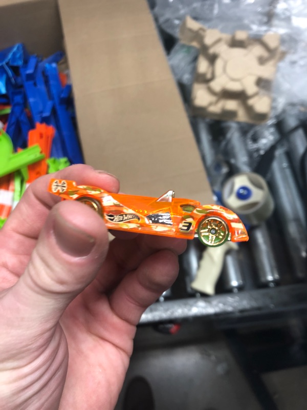 Photo 5 of ?Hot Wheels Track Set and 1:64 Scale Toy Car, 29" Tall Track with Motorized Booster for Fast Racing, Action Spiral Speed Crash Playset????
