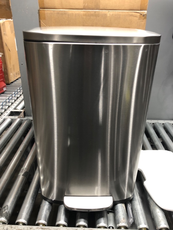 Photo 1 of Amazon Basics 50 Liter / 13.2 Gallon Soft-Close, Smudge Resistant Trash Can with Foot Pedal - Brushed Stainless Steel, Satin Nickel Finish 50L / 13.2 Gallon