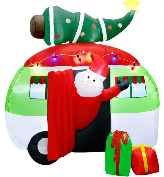 Photo 1 of ATDAWN 7 ft Christmas Inflatable Santa Claus Driving a Car with Christmas Tree and Gift Boxes, Blow Up Lighted Yard Decoration, Inflatable Christmas Holiday Outdoor Lawn Yard Garden Decorations
