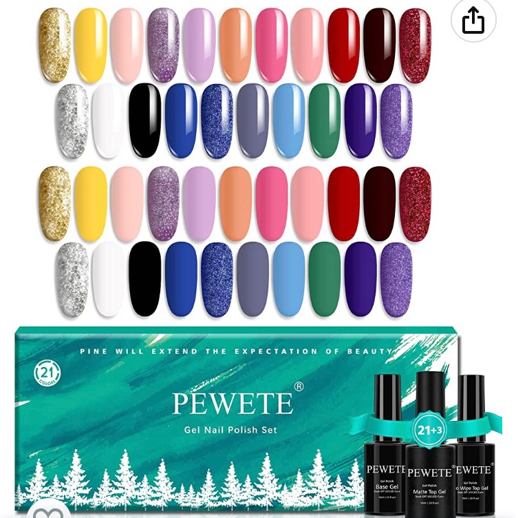 Photo 1 of PEWETE Gel Nail Polish Kit 24 Pcs Yellow Orange Pink Red White Black Blue Green Purple Starter Kit with Glossy & Matte Top Coat and Base Coat Nail DIY Gift Box