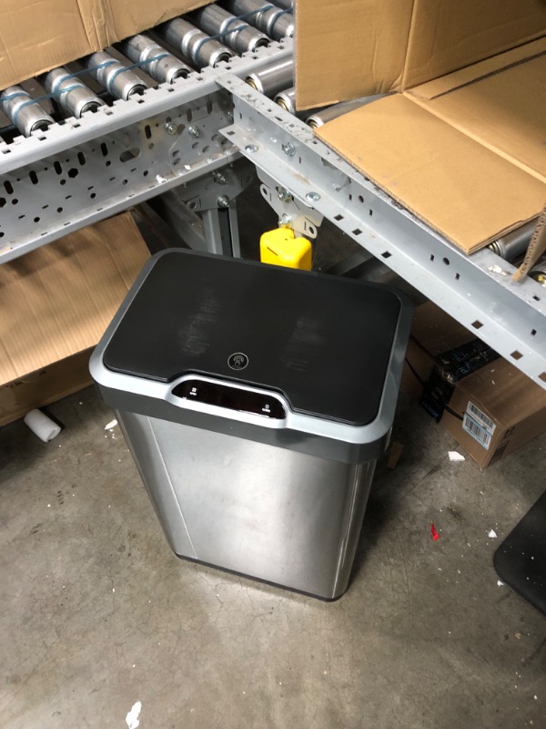 Photo 4 of **MAJOR DENT**
EKO Mirage-T 50 Liter / 13.2 Gallon Touchless Rectangular Motion Sensor Trash Can, Brushed Stainless Steel Finish